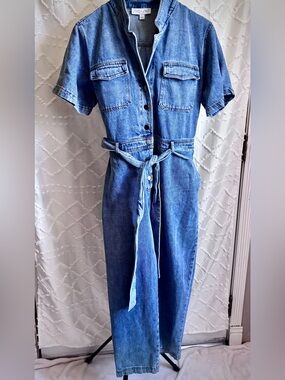 She + Sky Belted Denim Jumpsuit Wide Leg Utility One Piece Size Large